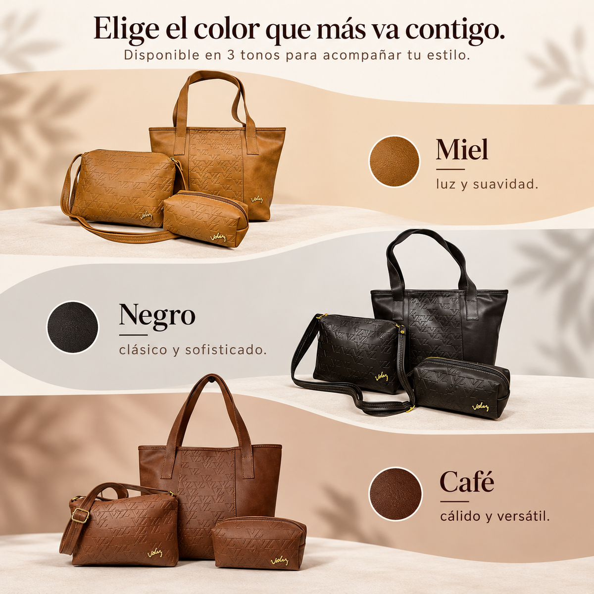 TRÍO VLZ MUJER | BOLSO GRANDE, BOLSO CRUZADO Y COSMETIQUERA | 76% OFF