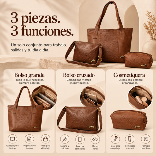 TRÍO VLZ MUJER | BOLSO GRANDE, BOLSO CRUZADO Y COSMETIQUERA | 76% OFF