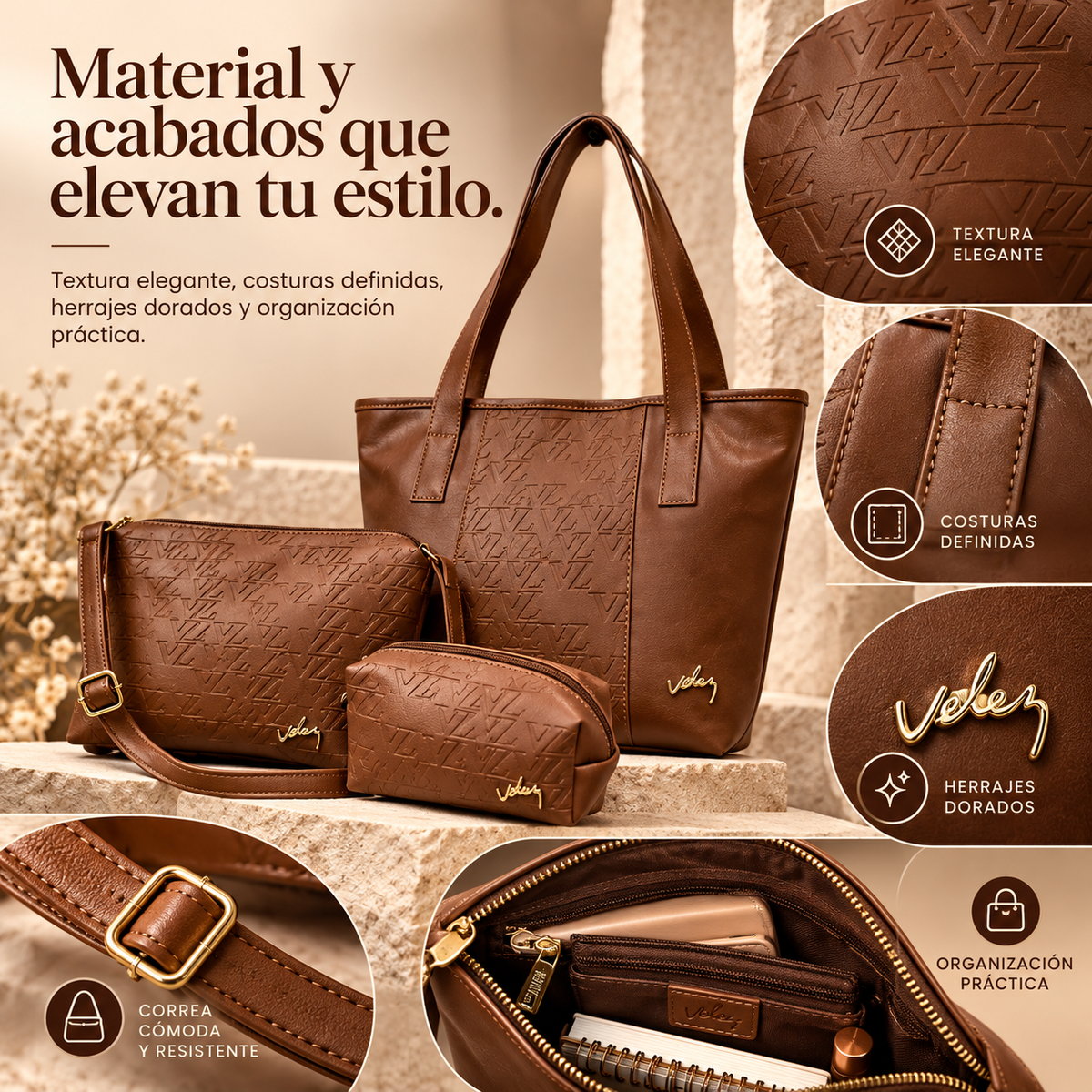 TRÍO VLZ MUJER | BOLSO GRANDE, BOLSO CRUZADO Y COSMETIQUERA | 76% OFF