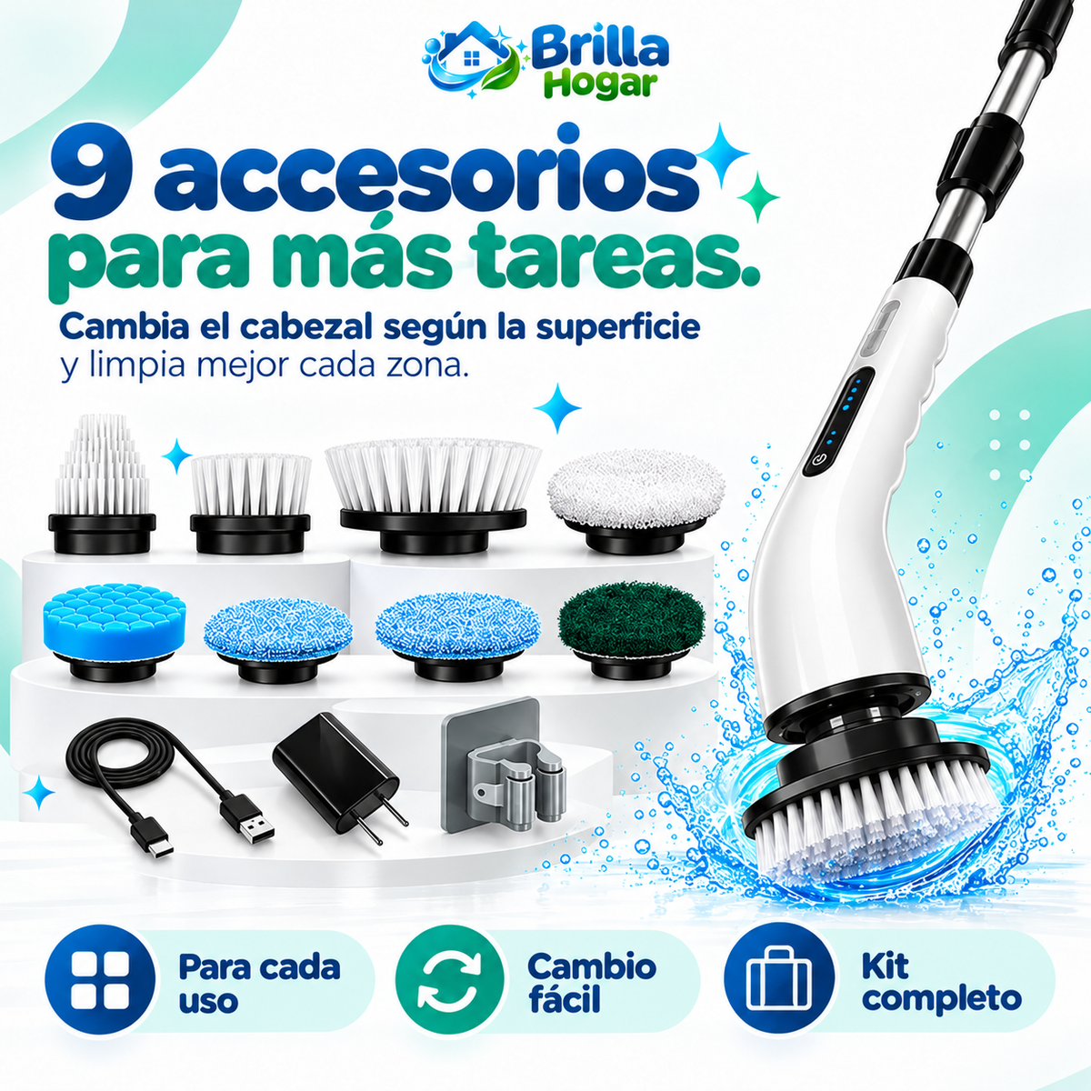 Cepillo Eléctrico Giratorio 360° 9 en 1 | Limpieza Fácil y Sin Tanto Esfuerzo